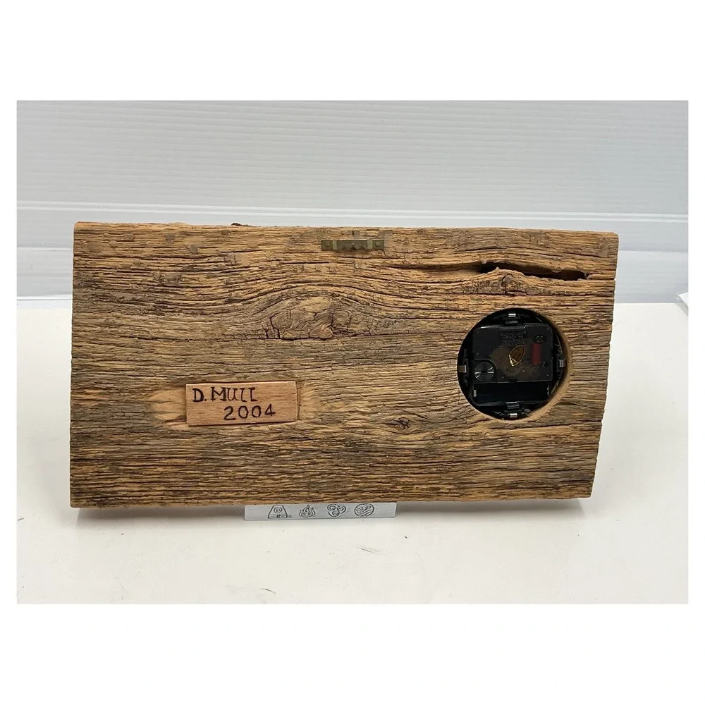 D. Mull 2004 Vintage Reclaimed Wood Wall Clock Rustic Church Wood Burning Art